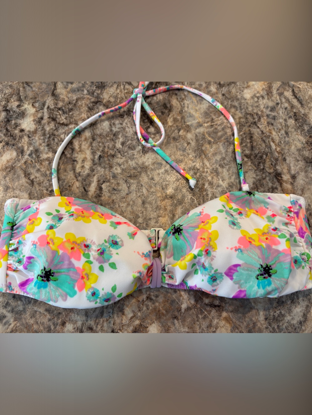 Victoria's Secret White Floral Bikini Top with Coral, Yellow & Teal Flowers